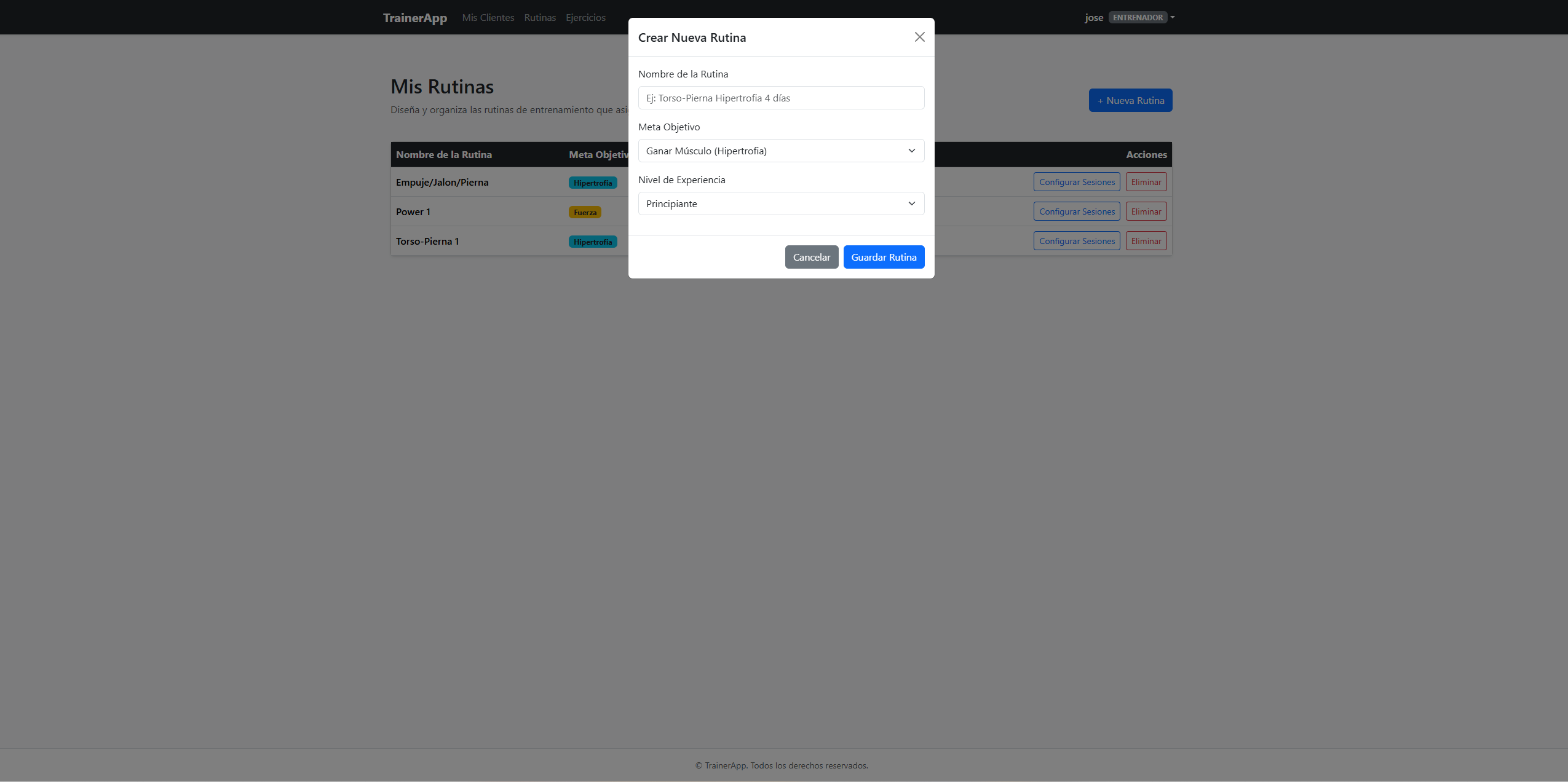 TrainerApp Routine Management Dashboard